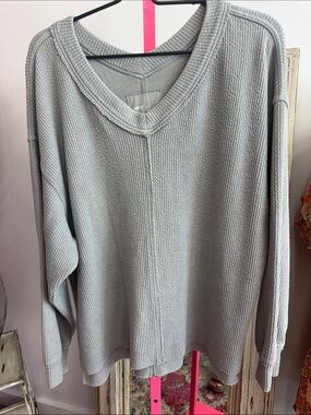 aerie Soft Light Gray V-Neck Waffle Pullover
